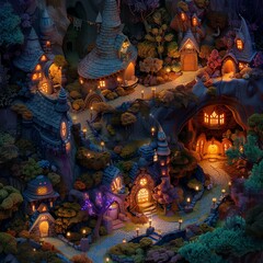 Fototapeta premium A whimsical village scene illuminated at night, showcasing enchanting cottages nestled amidst lush greenery, creating a magical atmosphere filled with warmth and charm.