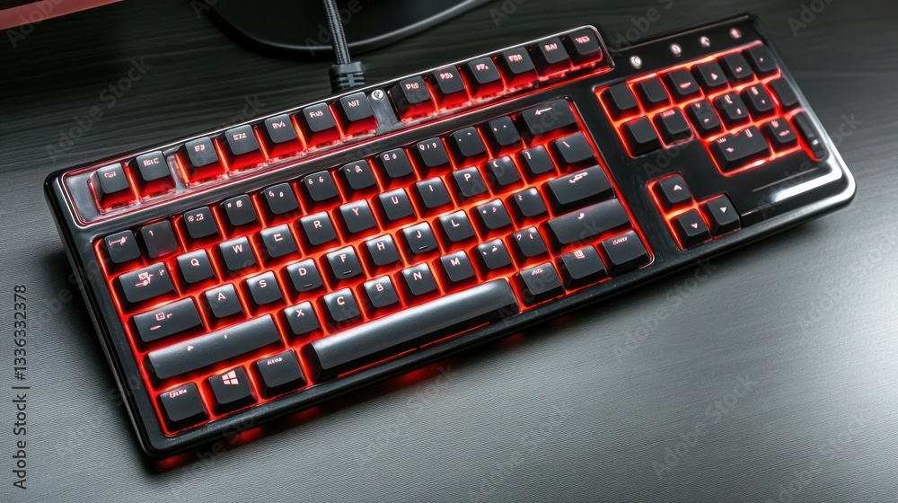 Poster illuminated black computer keyboard sits on a wooden surface