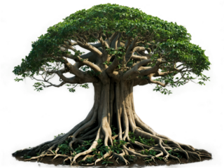 Magnificent ancient banyan tree with intricate roots and lush foliage in a serene setting