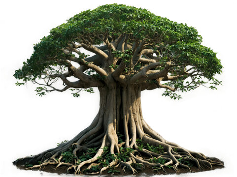 Magnificent ancient banyan tree with intricate roots and lush foliage in a serene setting