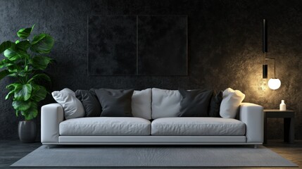 Modern interior design features a white sofa and a plant