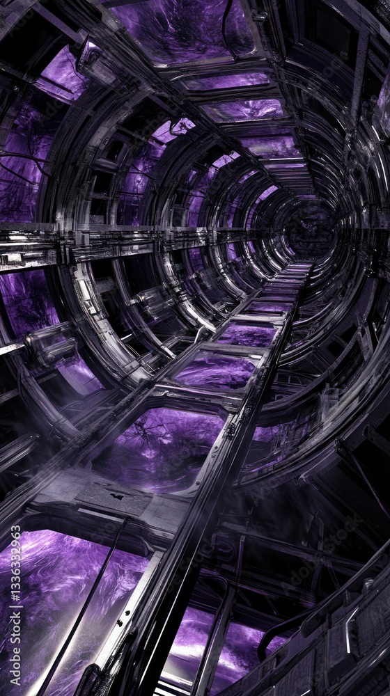 Poster a futuristic tunnel structure displaying abstract purple interior views