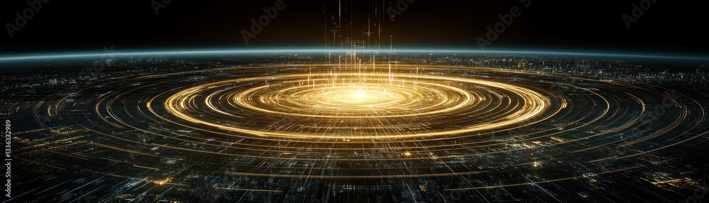 Poster Illuminated concentric circles create a glowing technology oriented data visualization