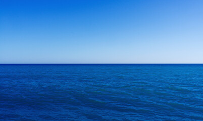 Sea with clear blue sky, panorama of ocean waves against the horizon