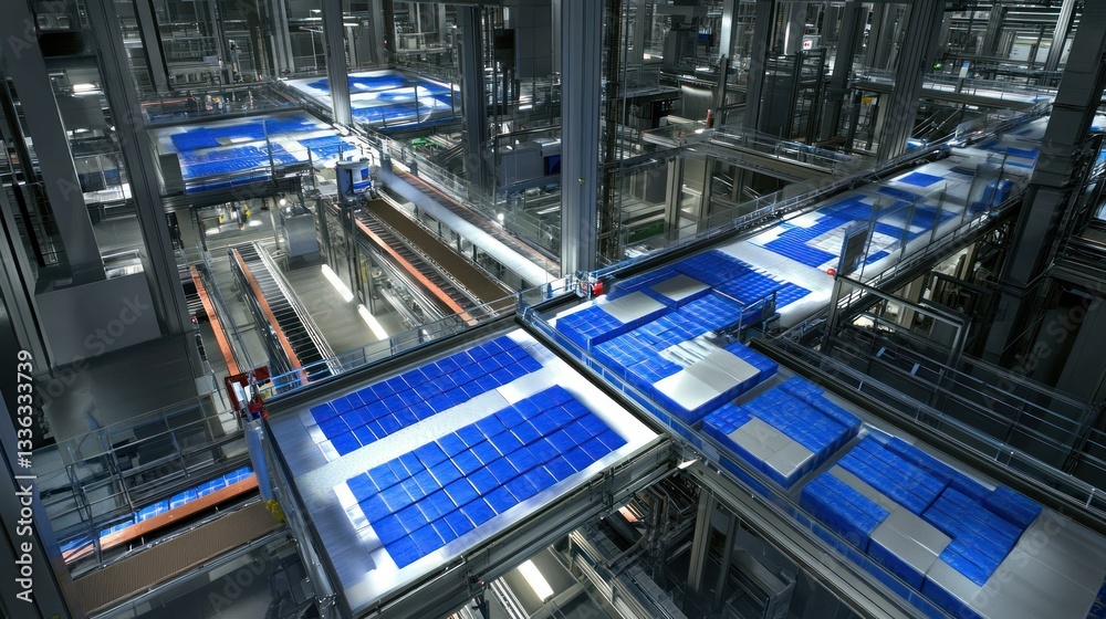 Aufkleber Automated factory building showing blue modules on conveyor systems