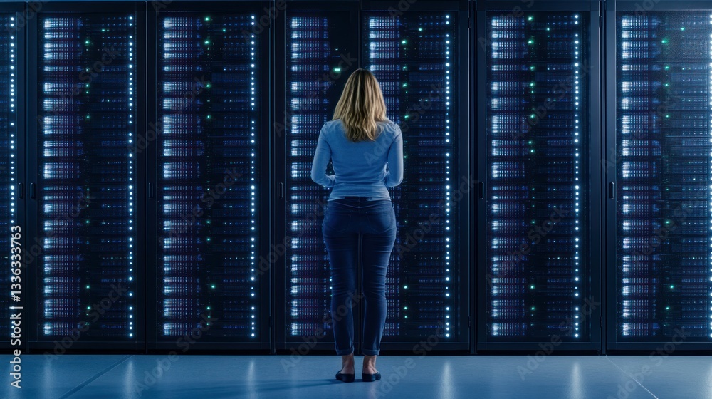 Poster a woman observes server racks in a data processing center