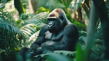 Obraz premium Majestic gorilla resting peacefully amid lush tropical foliage with sunlight