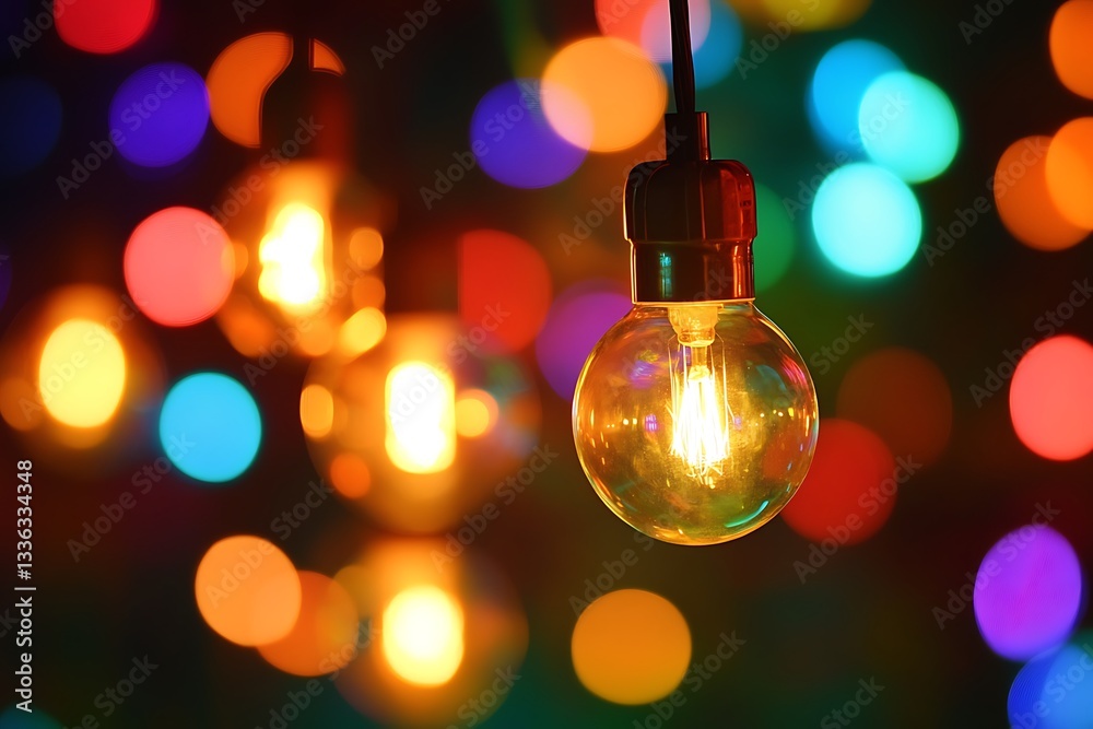 Aufkleber glowing bulb hanging with colorful bokeh background.