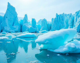 Fototapeta premium Icebergs drift in a Patagonian glacial lake. Submerged ice formations visible in 8K detail, no boats or humans present