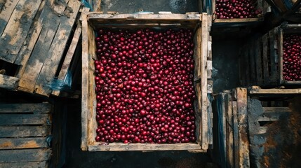 Aerial View of Cherries in Wooden Crates