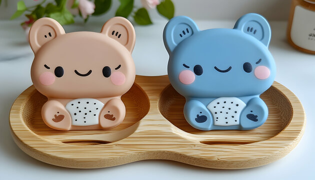 Adorable silicone frog teethers on a wooden tray. Perfect for baby's teething needs