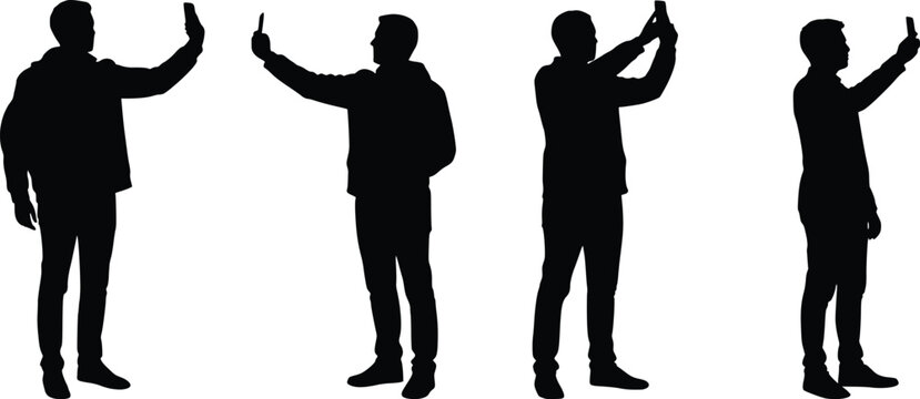 Black silhouette of people standing and taking a selfie with a smartphone, holding it in the right hand, extended outward, and looking at the screen