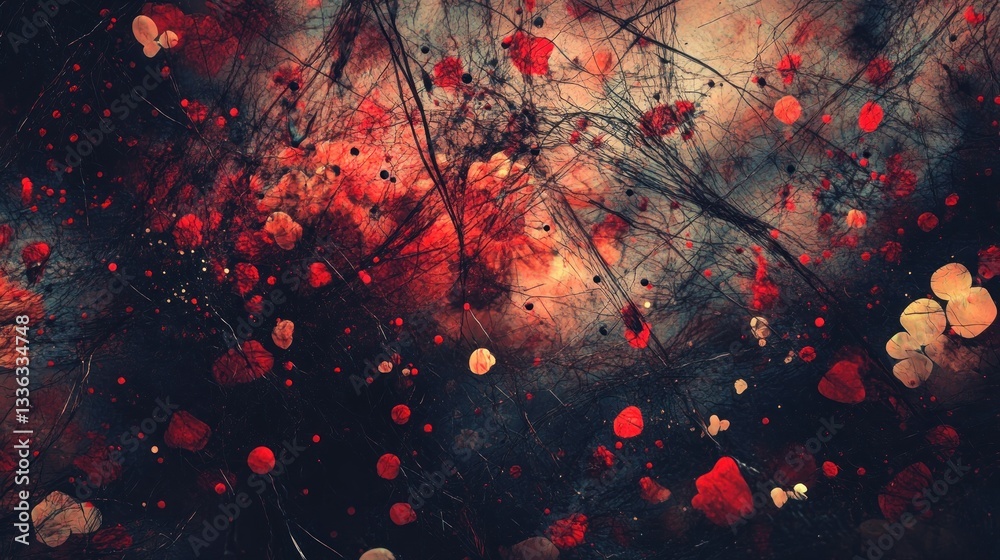 Poster An abstract artwork featuring red splashes and tangled dark lines