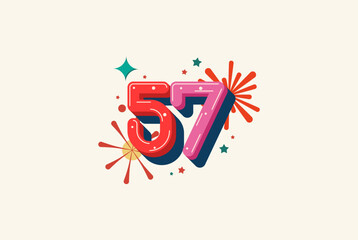 Logo Number Colorful 57th, 57th Happy Birthday or Anniversary with fireworks concept. Happiness and funny design concept.