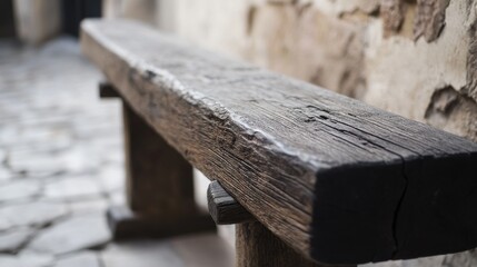 Obraz premium Rustic Wooden Bench on Cobblestone Pathway in Historic Setting