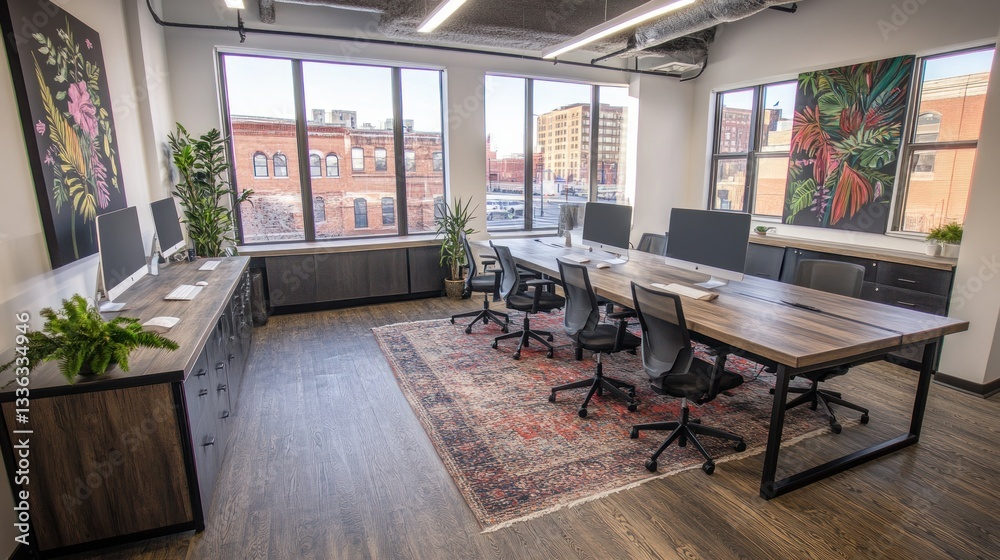Poster an elegant modern open office space with desks and windows