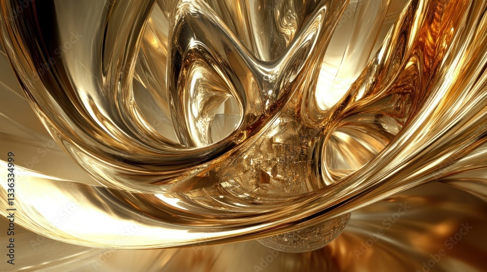 Poster A three dimensional digital artwork showing flowing golden structures and spheres