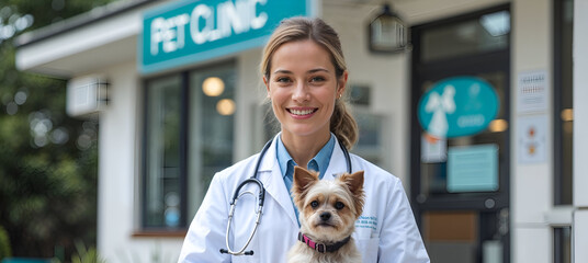 Smiling Female Veterinarian Holding a Yorkshire Terrier Outside a Modern Pet Clinic
