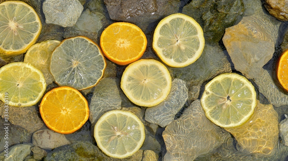 Poster citrus slices are floating on water surrounded by stones