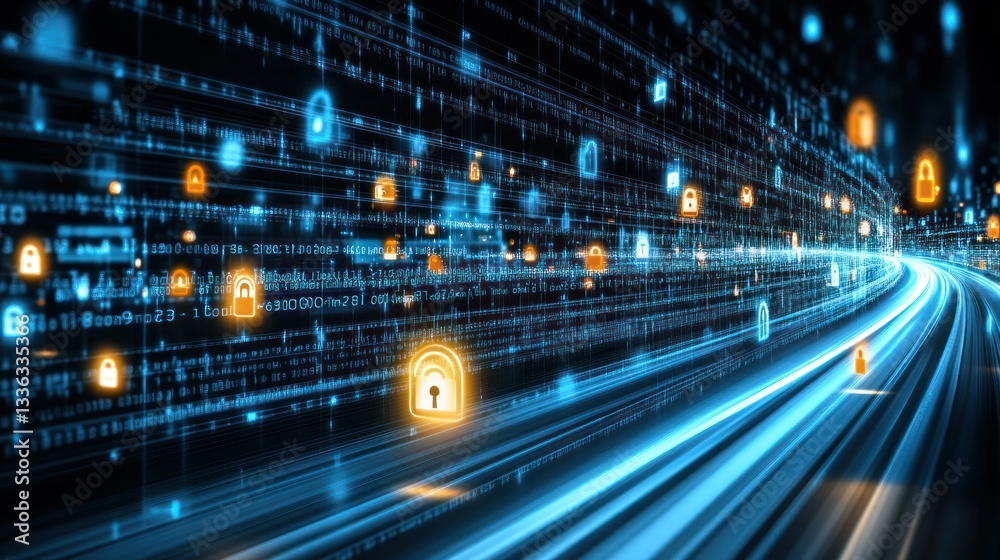 Poster Animated depiction of a flowing network with security locks present