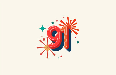 Logo Number Colorful 91th, 91th Happy Birthday or Anniversary with fireworks concept. Happiness and funny design concept.