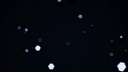 Bright hexagonal snowflakes are falling, rotating and floating on a black background, creating a magical and festive winter atmosphere with light rays and glowing effects - Powered by Adobe