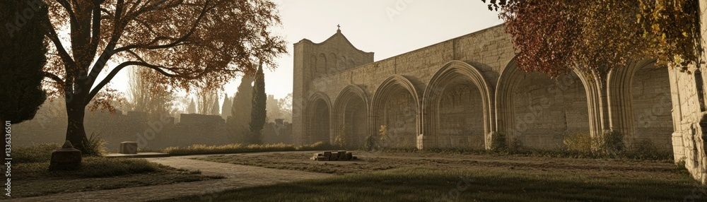 Poster ancient stone building with arches and autumn trees in landscape