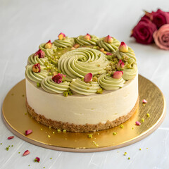 a rose pistachio cake on golden cake board