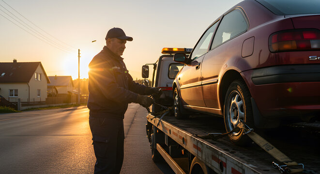 A mechanic is holding the broken car on an open truck
