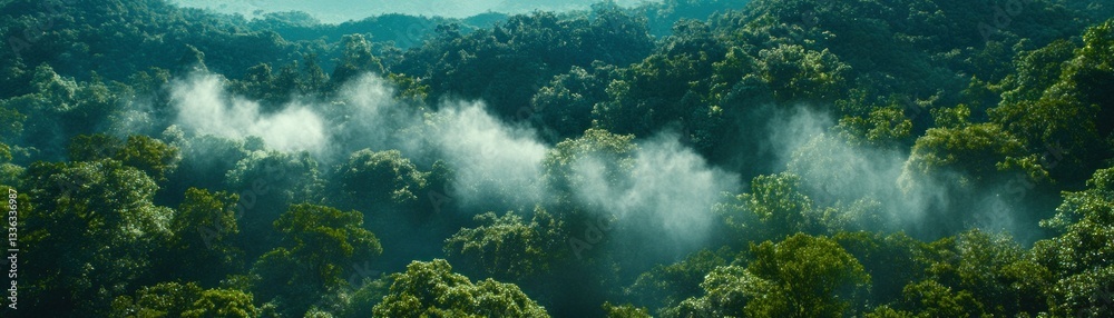 Poster a dense forest canopy with rising fog across the tops of trees
