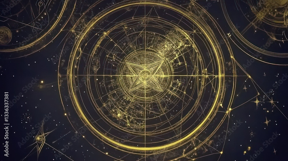 Poster intricate golden celestial map with geometric lines and constellations on black