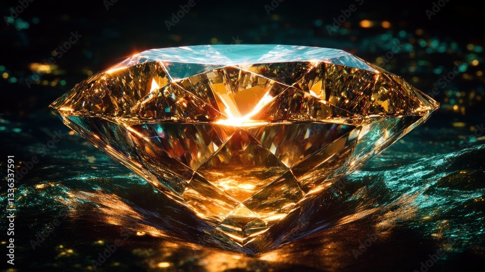 Poster a large multifaceted diamond is placed on a dark reflective surface