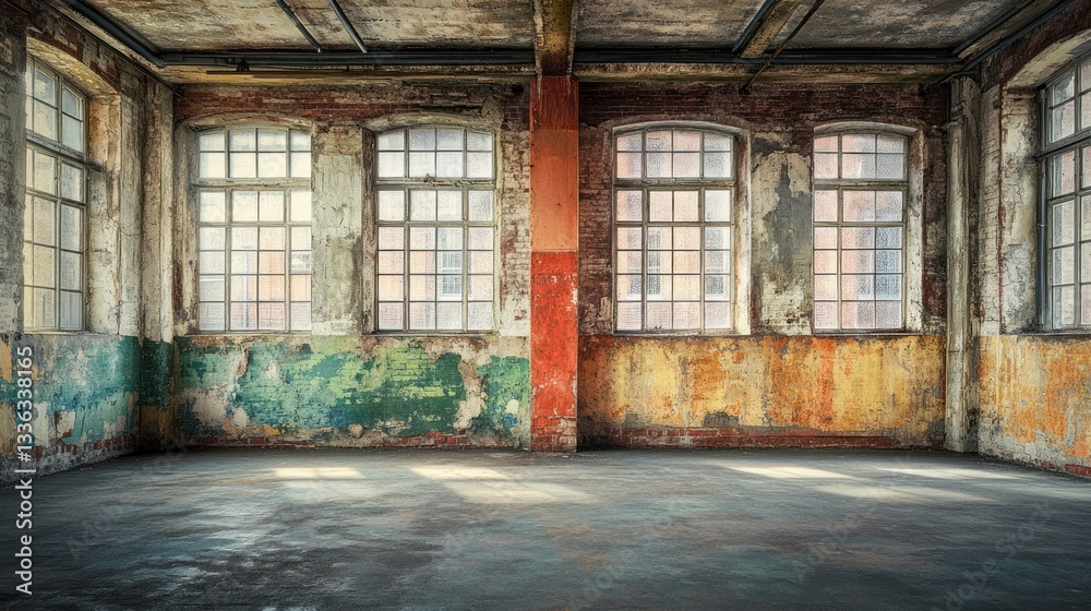 Poster an empty abandoned interior with weathered walls and large windows