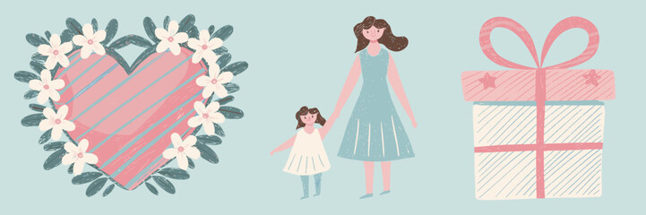 Vector illustration of a pastel heart with flowers, a mother and child, and a gift box with a bow – Perfect for family love themes, parental appreciation materials, or soft-colored greeting cards.