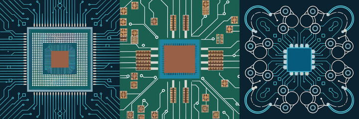 Vector illustration of a microchip, circuit board, and neural network pattern with detailed components