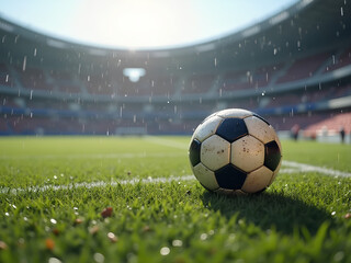 A soccer ball lies on wet grass against the backdrop of a stadium