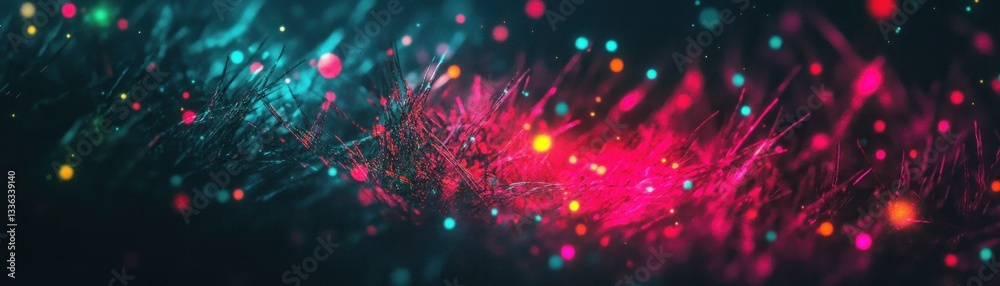 Poster Abstract colorful glowing particles floating in a dark background