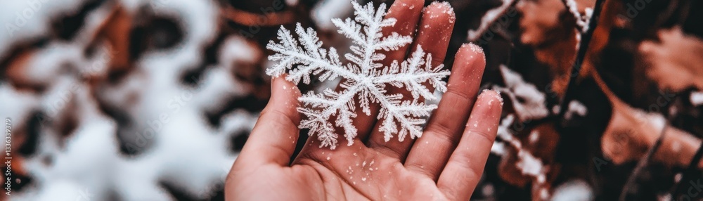 Poster a hand gently holding a delicate and beautiful snowflake in winter