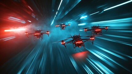Futuristic drone racing in a neon-lit tunnel, technology and velocity displayed