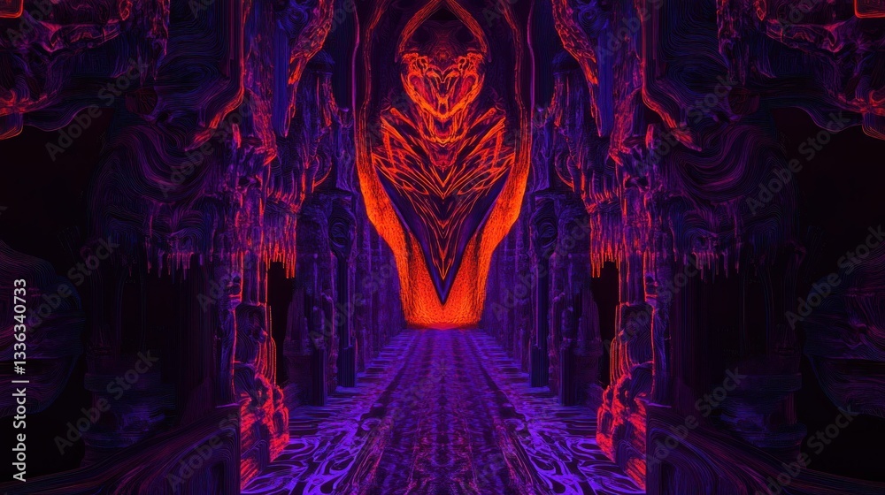 Poster A symmetrical futuristic illuminated corridor with an open portal ahead
