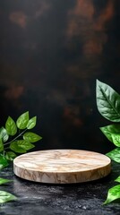 Beige Marble Round Display Platform with Green Leaves