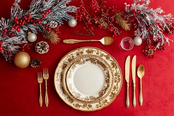 Elegant red table setting featuring gold cutlery, white porcelain plates, and festive Christmas decorations, creating a warm and luxurious holiday dining ambiance.