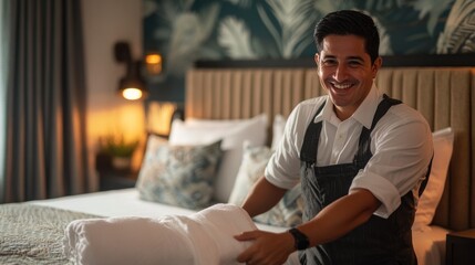Happy male housekeeper making a bed in a luxury hotel room.