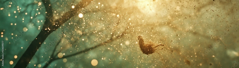 Poster a single leaf suspended amidst glittering particles and tree branches