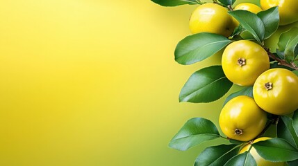 Minimalist style quince tree with fruits in nature close-up view vibrant yellow background