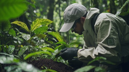 Photorealistic image of an environmental scientist sampling soil and vegetation in a forested research area
