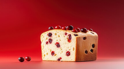 Minimalist style cranberry bread slice on red background food photography artistic presentation
