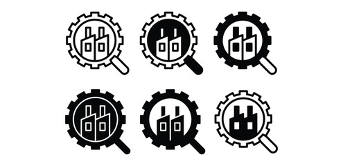 Industry Analysis Icons Black and White Gear and Magnifying Glass Factory Symbols Vector Design Illustration