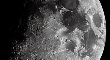 Closeup moon surface with meteorite impact craters.  Space exploration. International Day of Human Space Flight, World Space Week. Black and white minimalist lunar texture. Monochrome interior poster.