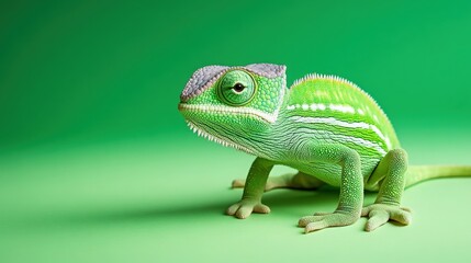 Charming green chameleon posing in minimalist style close-up photography nature scene